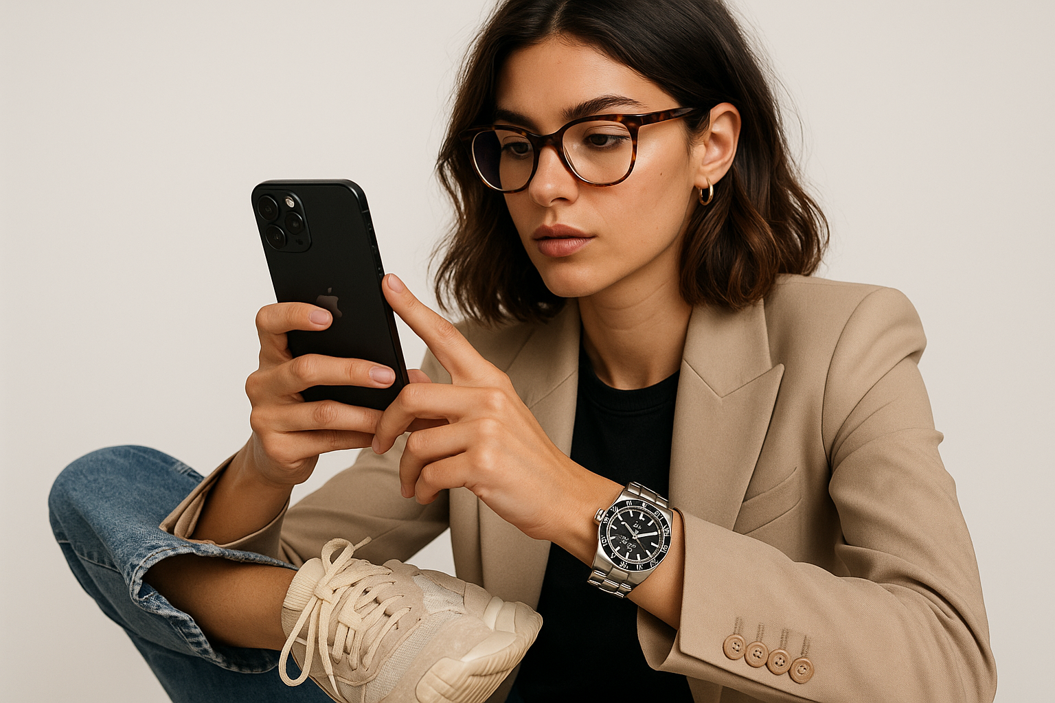 Model with Eyewear, watch, sneaker and using branded phone