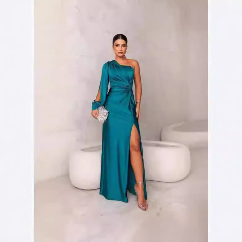 Women Pleated Waist Tight Split Sexy Long Dress