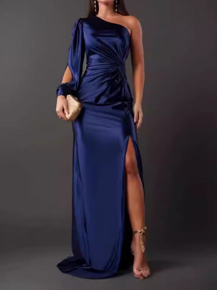 Women Pleated Waist Tight Split Sexy Long Dress
