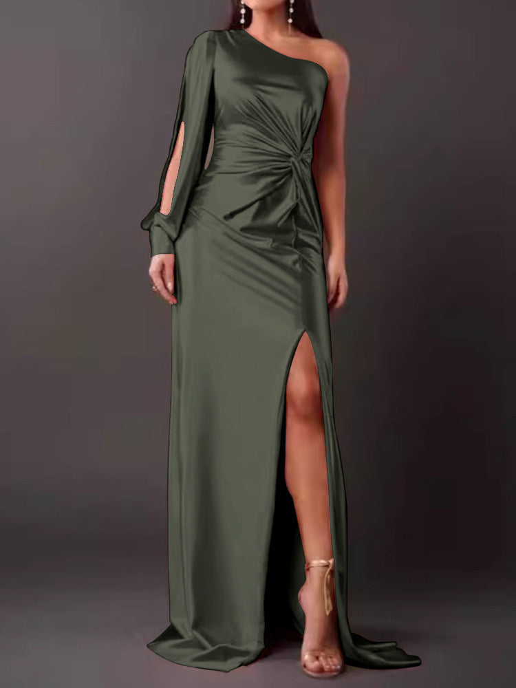 Women Pleated Waist Tight Split Sexy Long Dress