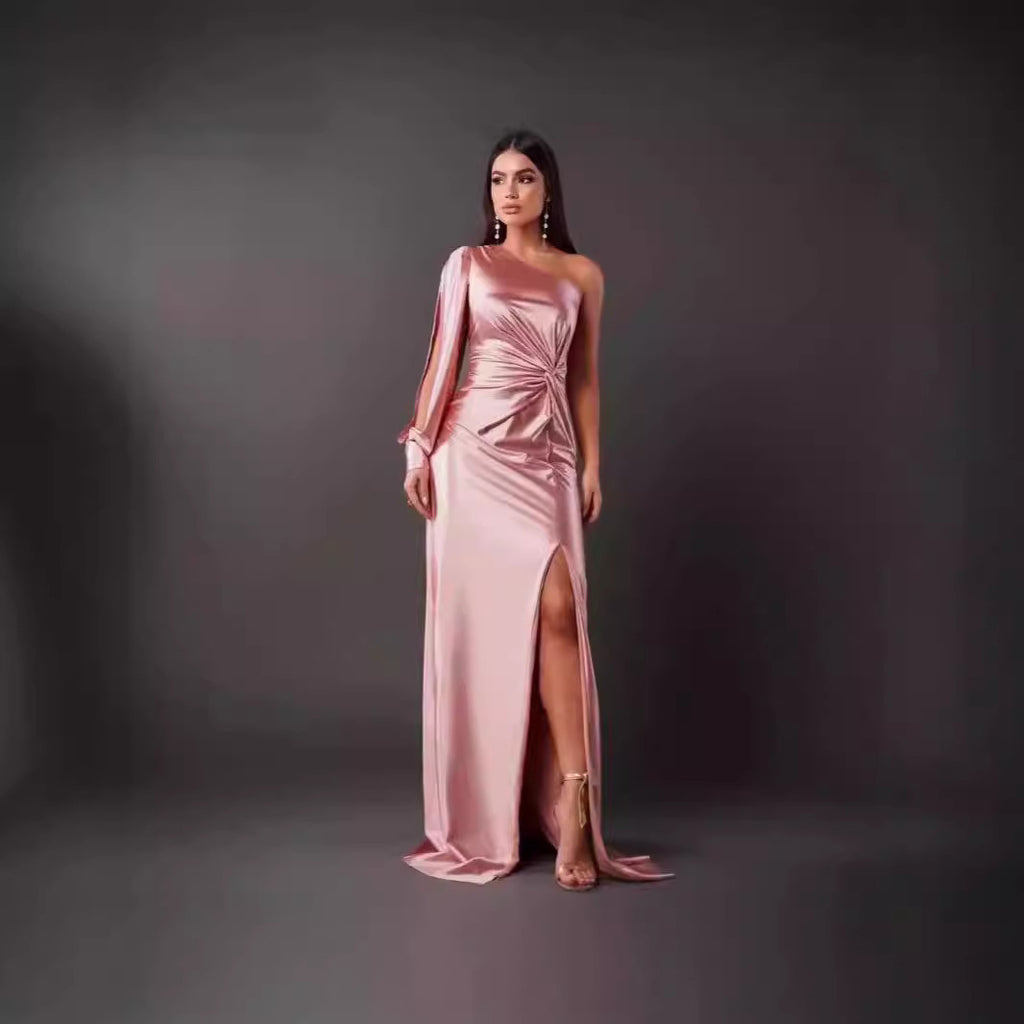 Women Pleated Waist Tight Split Sexy Long Dress