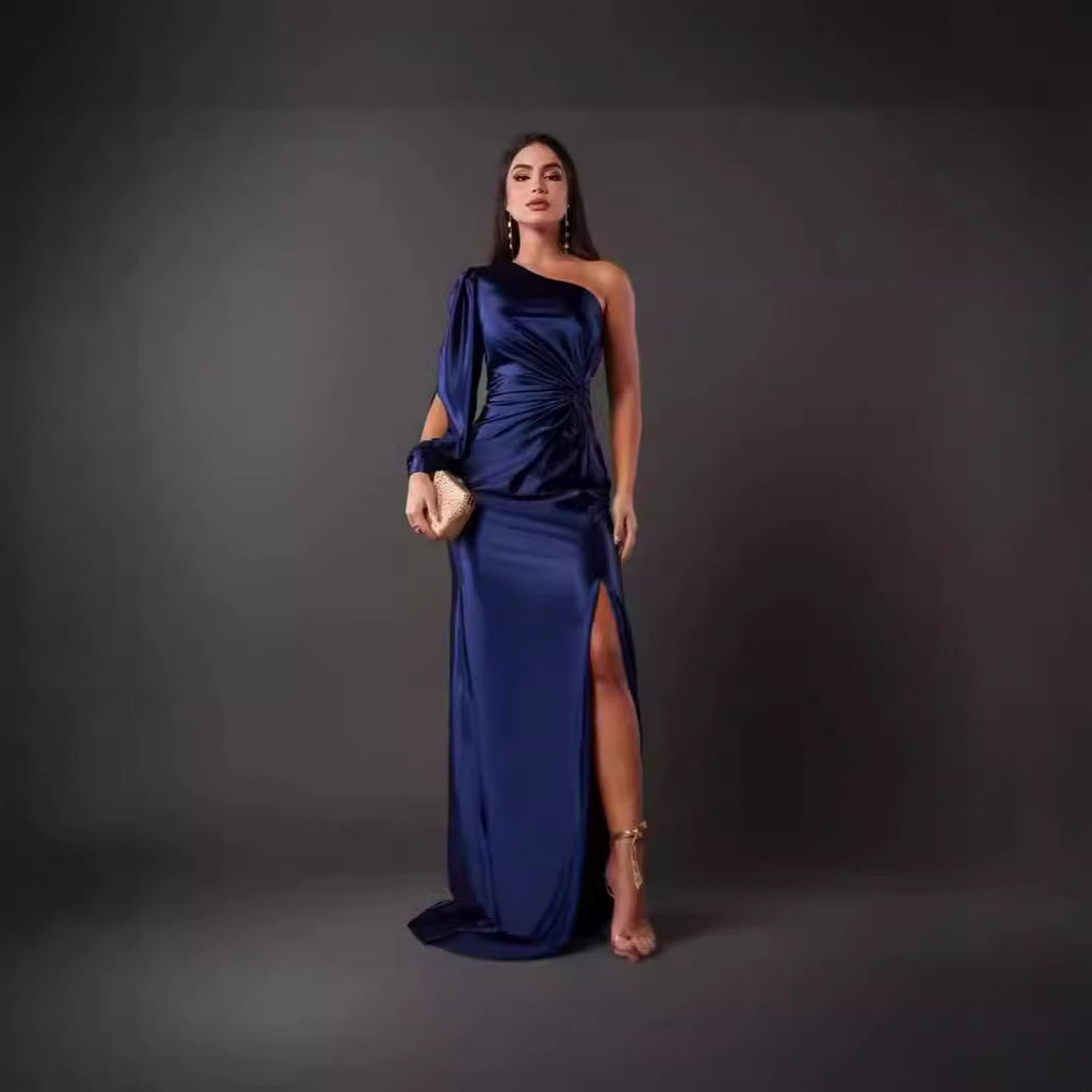 Women Pleated Waist Tight Split Sexy Long Dress