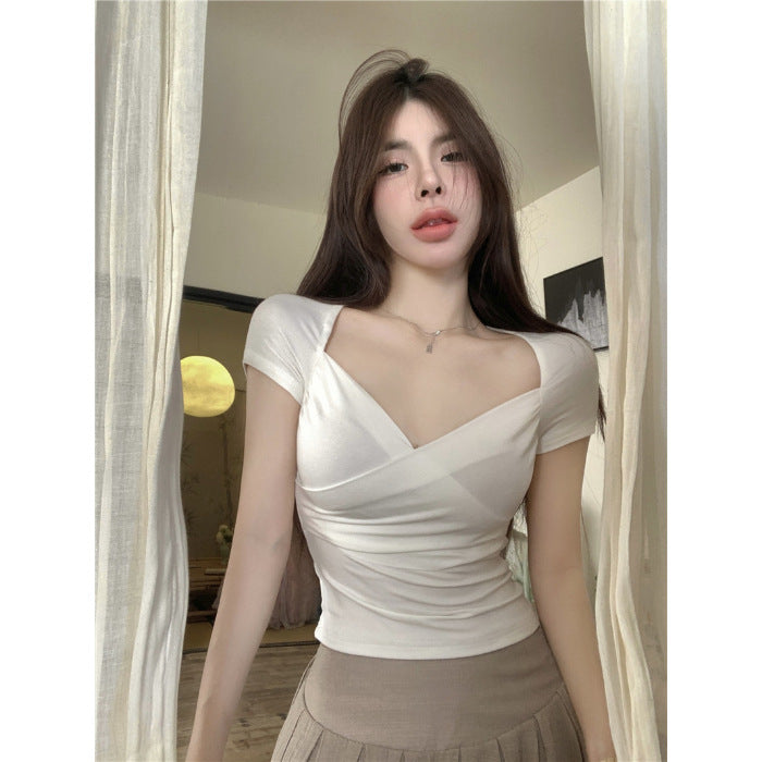 Sexy Low V-neck Short Top For Women Slim Fit