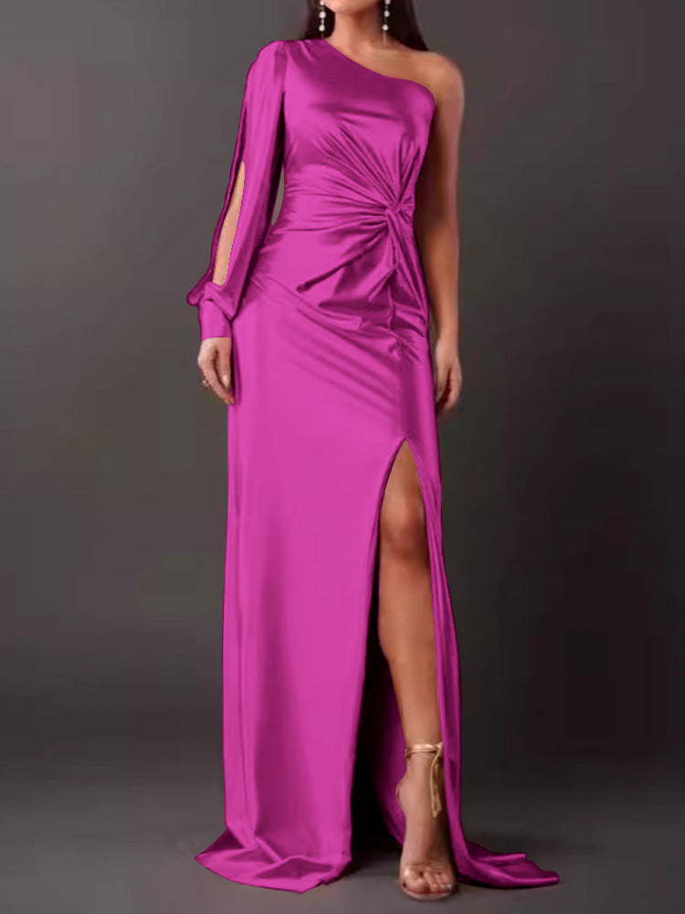 Women Pleated Waist Tight Split Sexy Long Dress