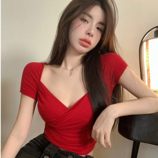 Sexy Low V-neck Short Top For Women Slim Fit